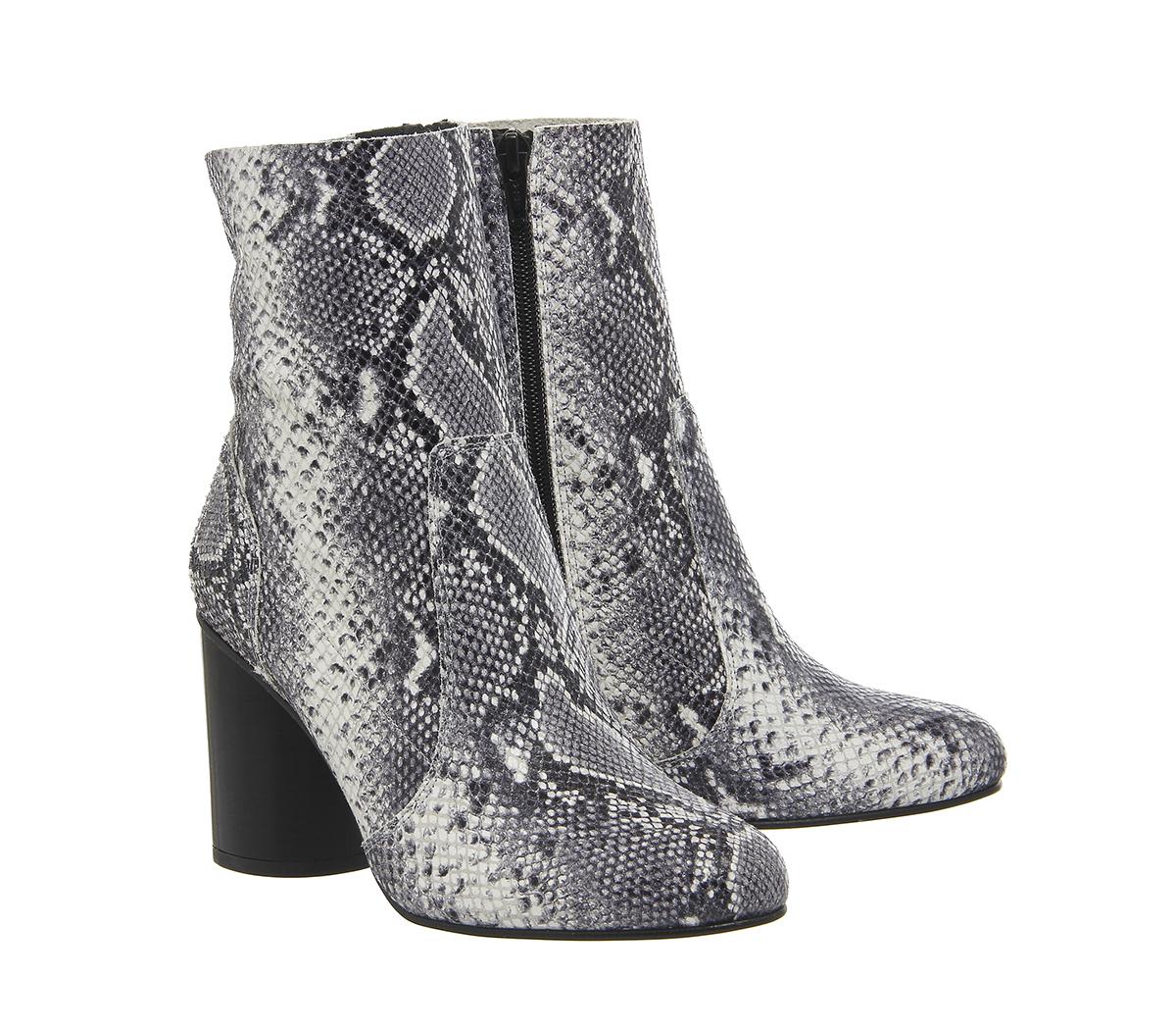 OFFICE Ida Cylindrical Heel Boots Black And White Snake Embossed ...