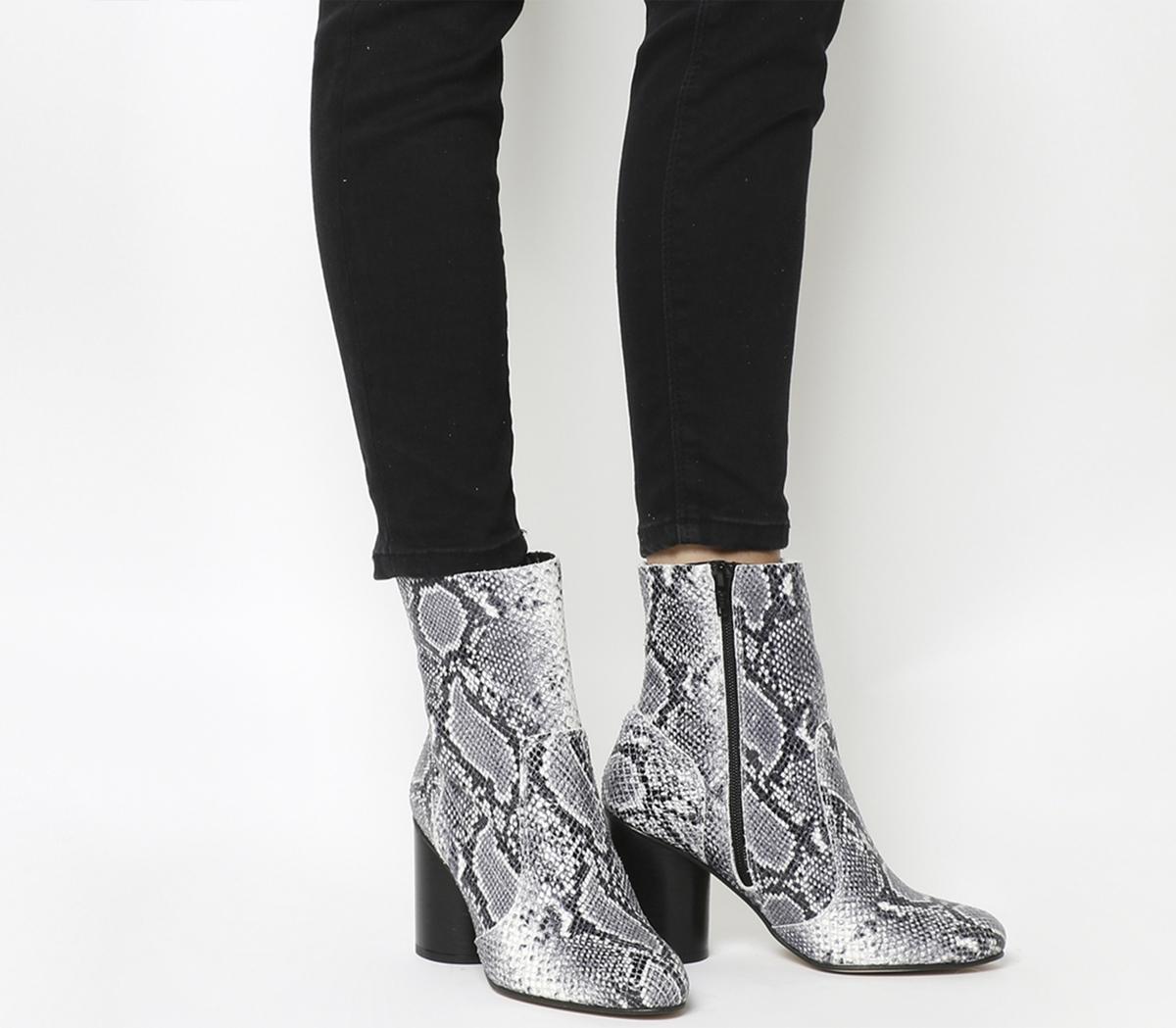 OFFICEIda Cylindrical Heel BootBlack And White Snake Embossed Leather
