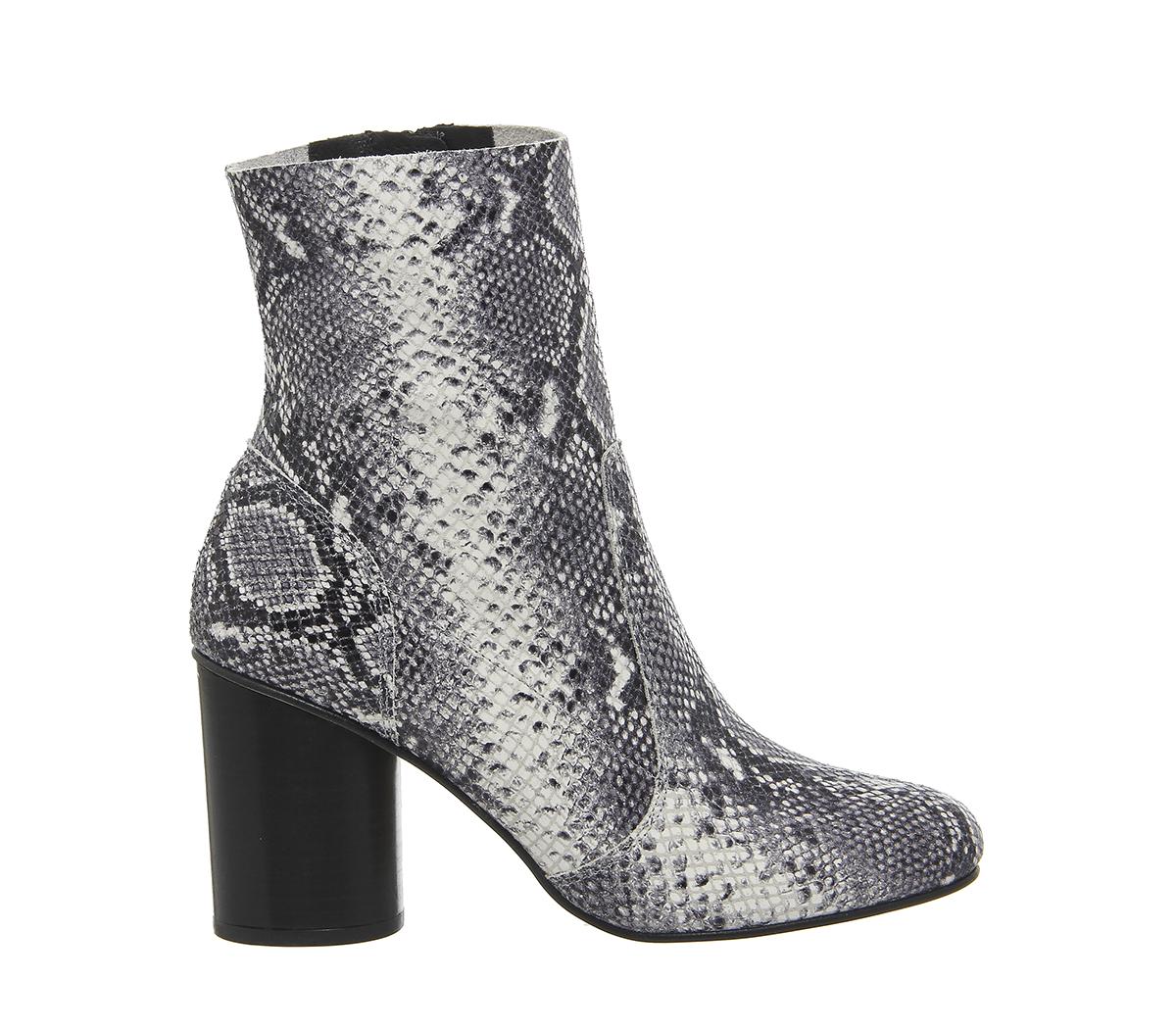 OFFICE Ida Cylindrical Heel Boots Black And White Snake Embossed ...