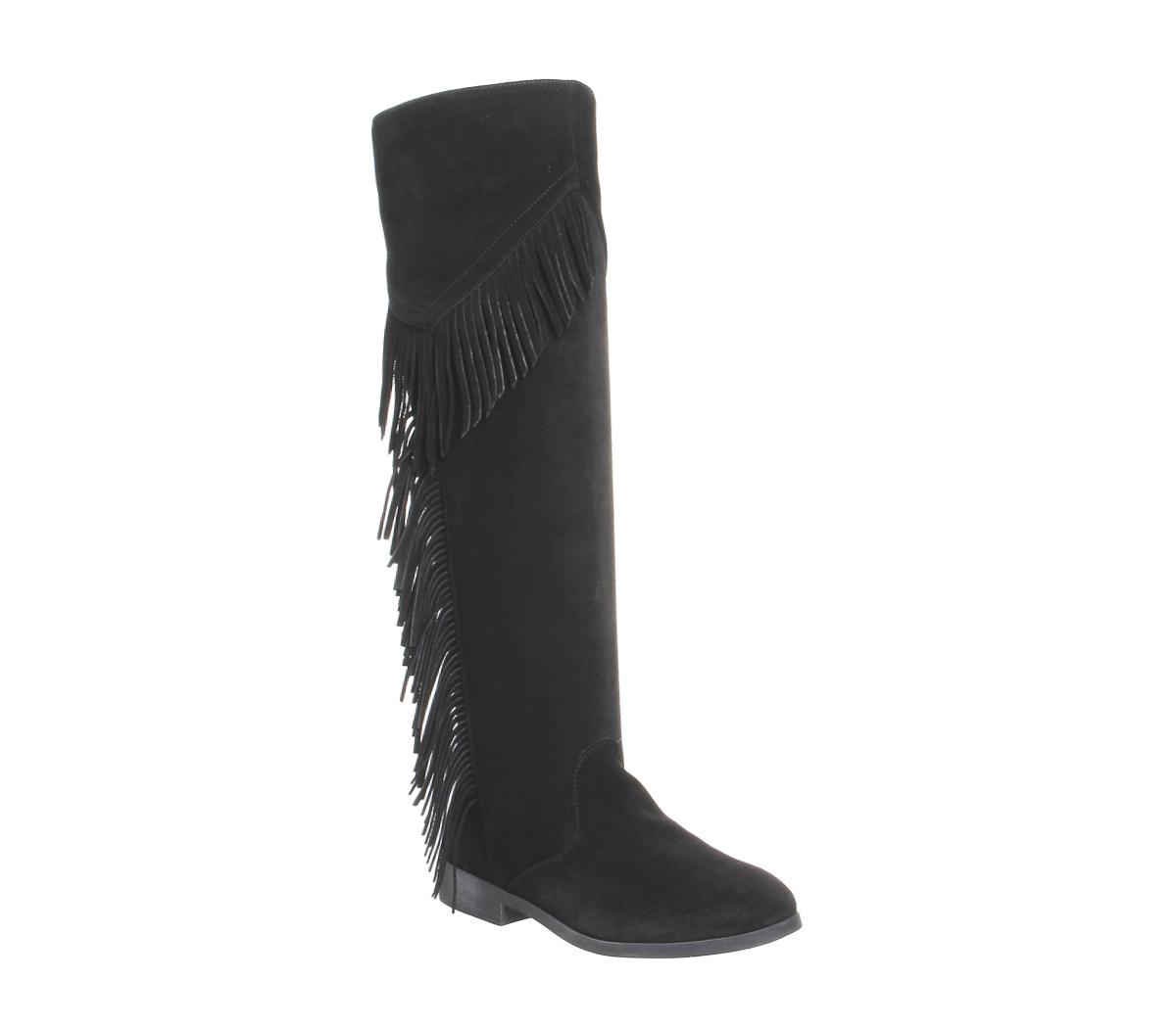 OFFICE Eddie Fringe Knee Boots Black Suede Knee High Boots