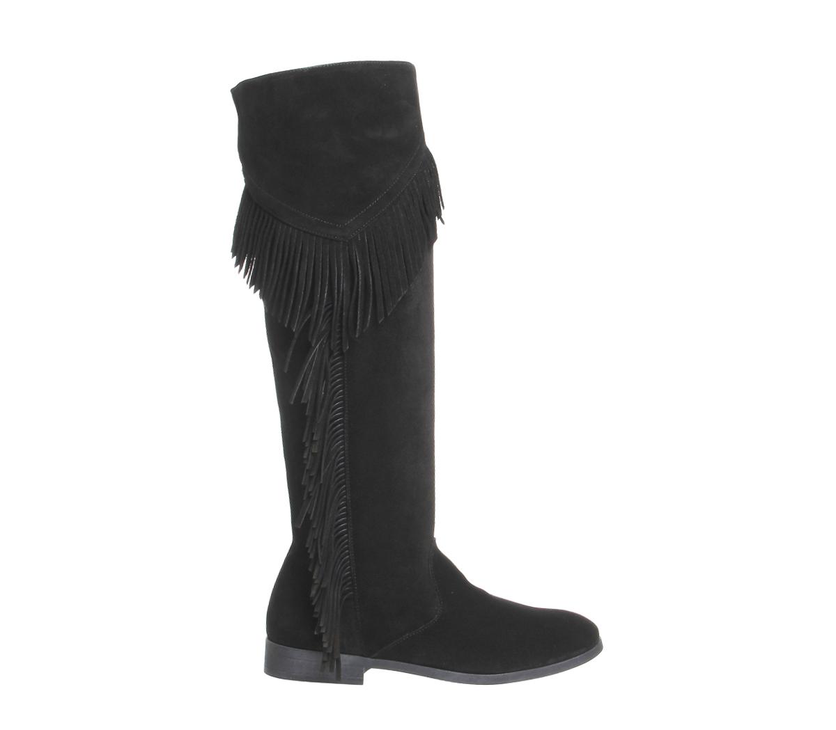 OFFICE Eddie Fringe Knee Boots Black Suede - Women's Knee