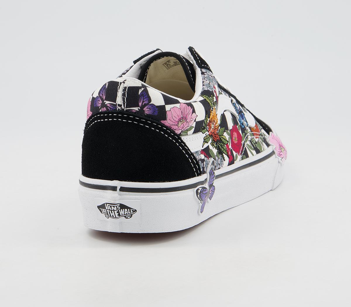 Vans Old Skool Trainers Vans Old Skool Trainers Black Embroidered Floral Checkerboard Exclusive
