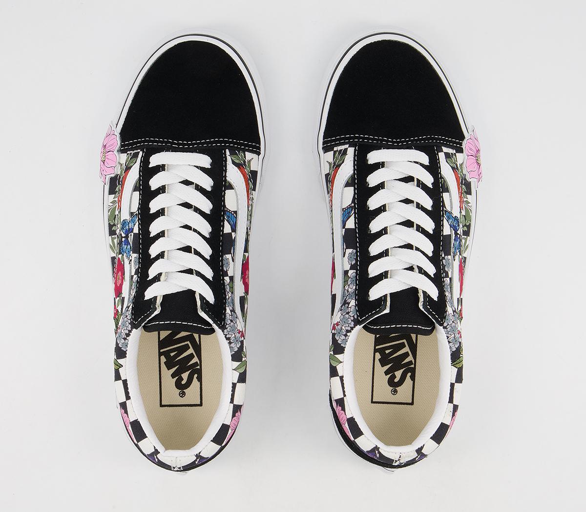 Vans Old Skool Trainers Black Embroidered Floral Checkerboard Exclusive ...