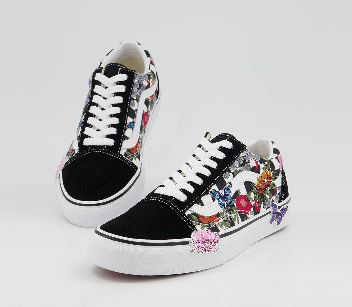 Vans Old Skool Trainers Vans Old Skool Trainers Black Embroidered Floral Checkerboard Exclusive