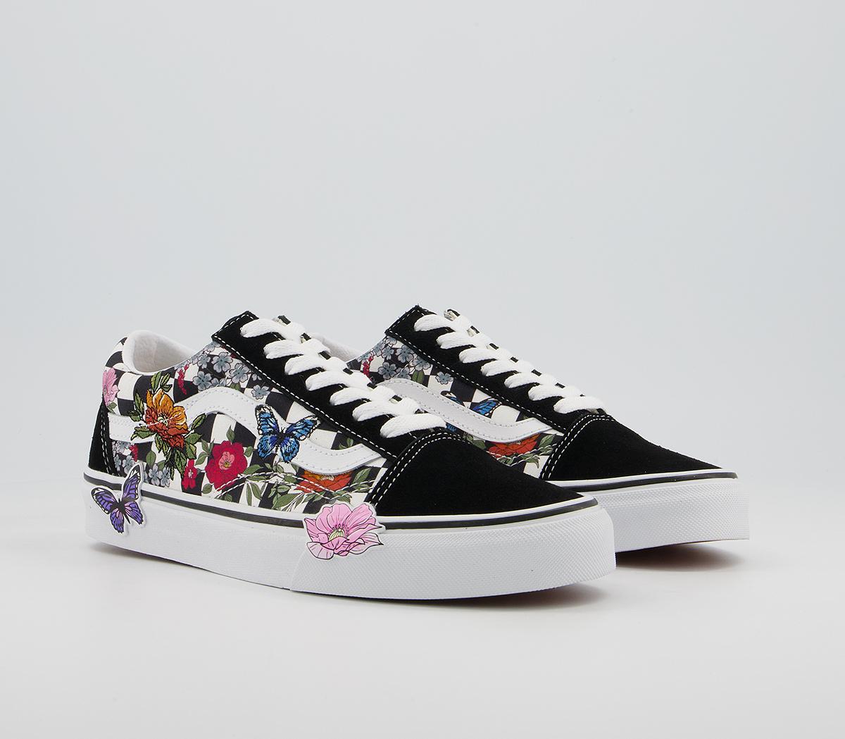 Vans Old Skool Trainers Vans Old Skool Trainers Black Embroidered Floral Checkerboard Exclusive