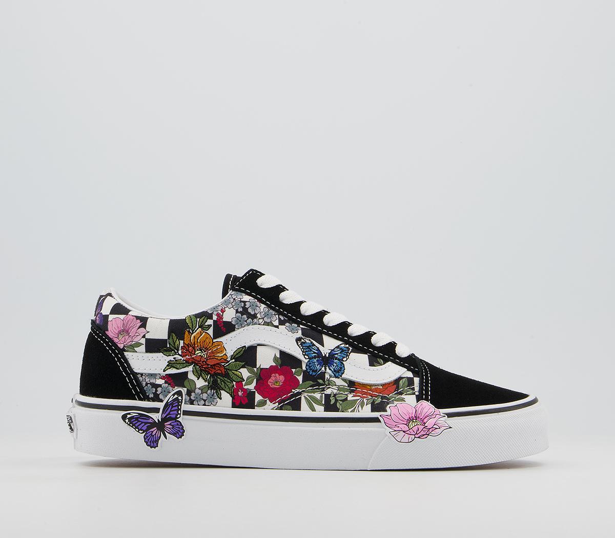 VansOld Skool TrainersBlack Embroidered Floral Checkerboard Exclusive