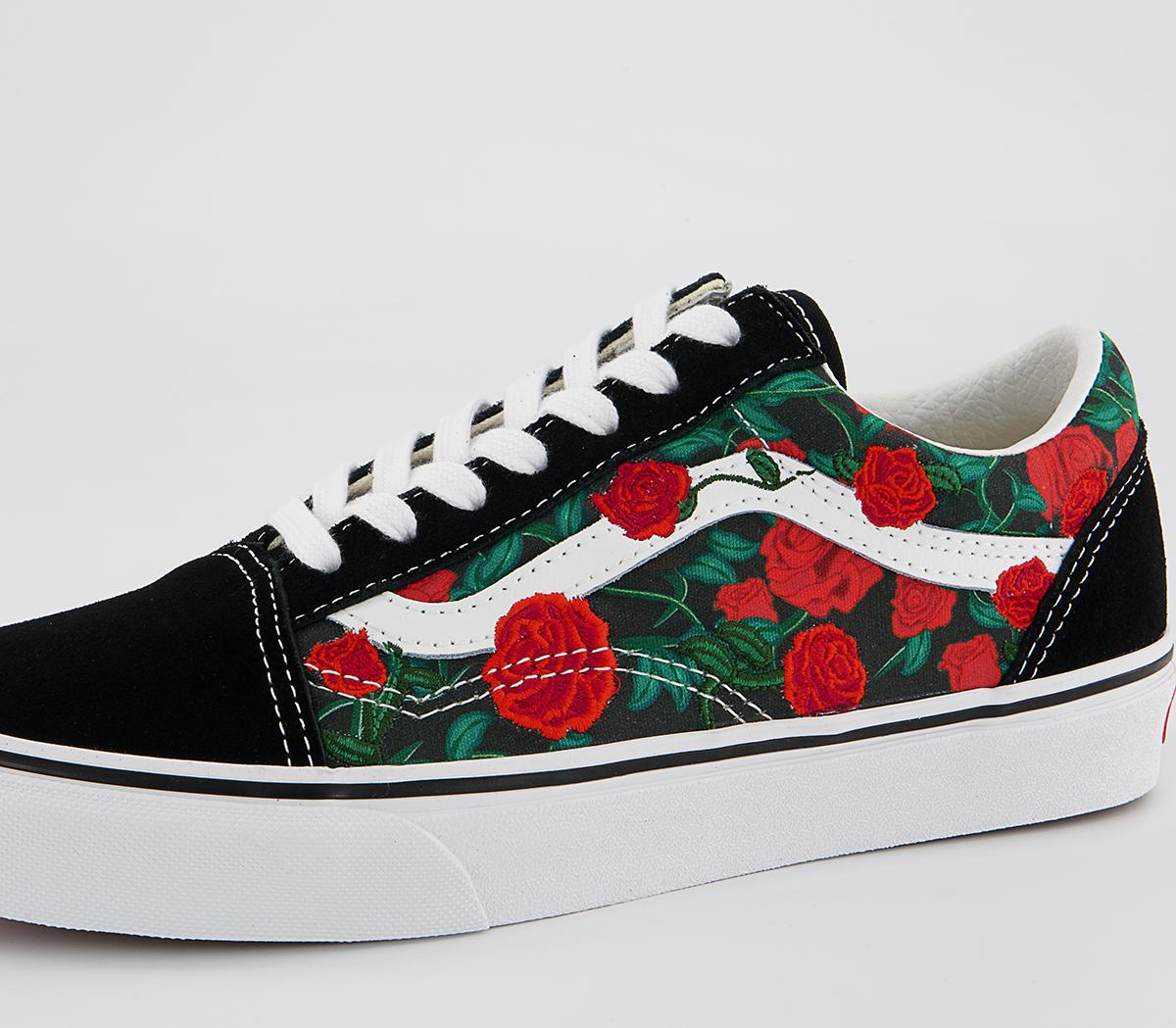 Vans Old Skool Trainers Black White Roses Exclusive - Women's Trainers