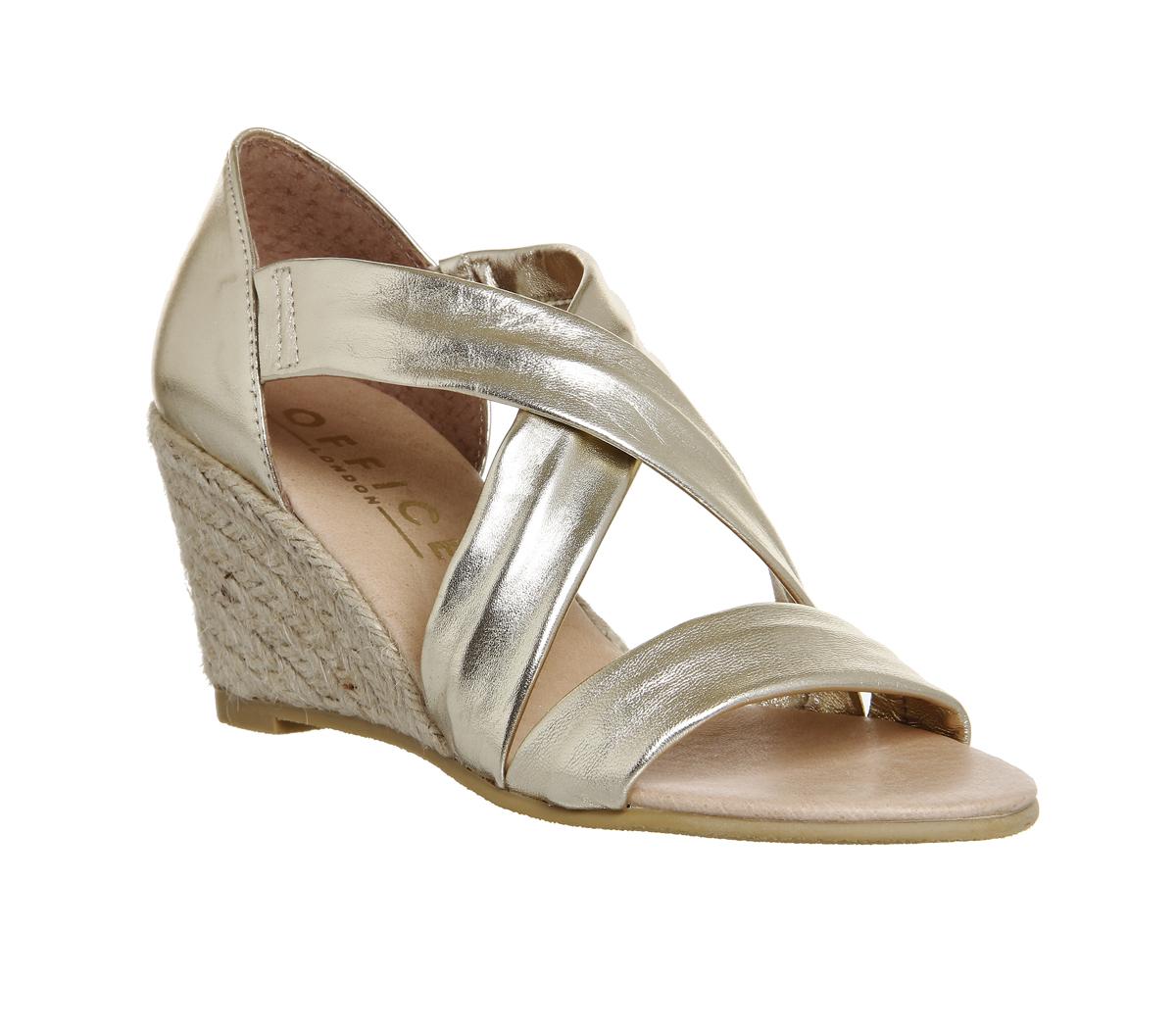 OFFICEMaiden Cross Strap WedgesGold Metallic Leather