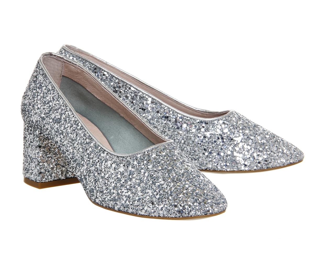 OFFICE Mia Ballet Block Heels Silver Glitter - Mid Heels