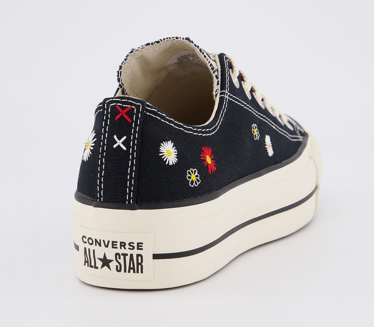 Converse All Star Low Platform Trainers Black Natural Ivory Black Embroidered Flower Women's