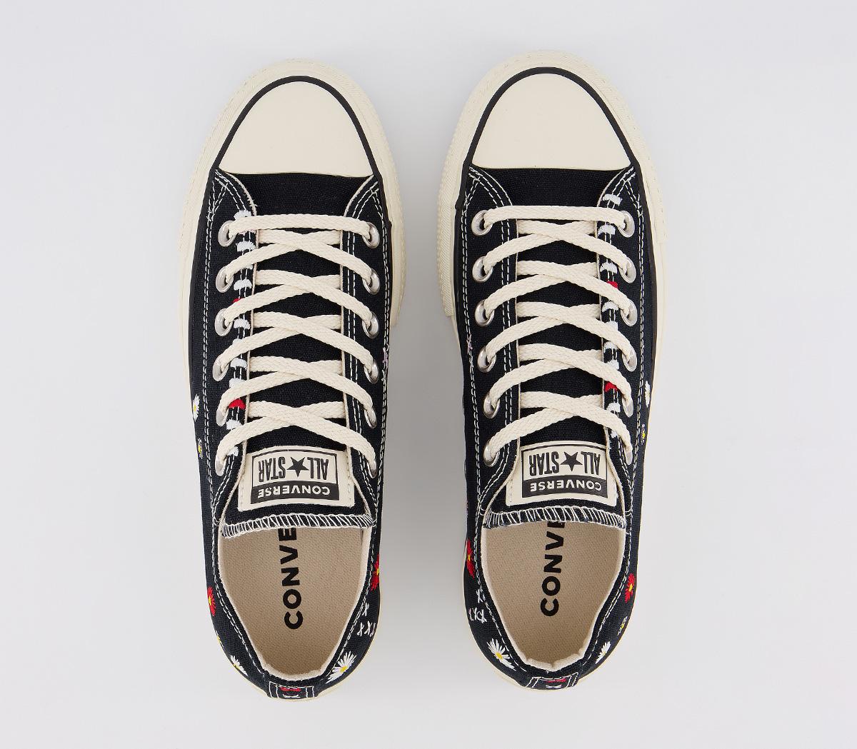 ConverseAll Star Low Platform TrainersBlack Natural Ivory Black Embroidered Flower