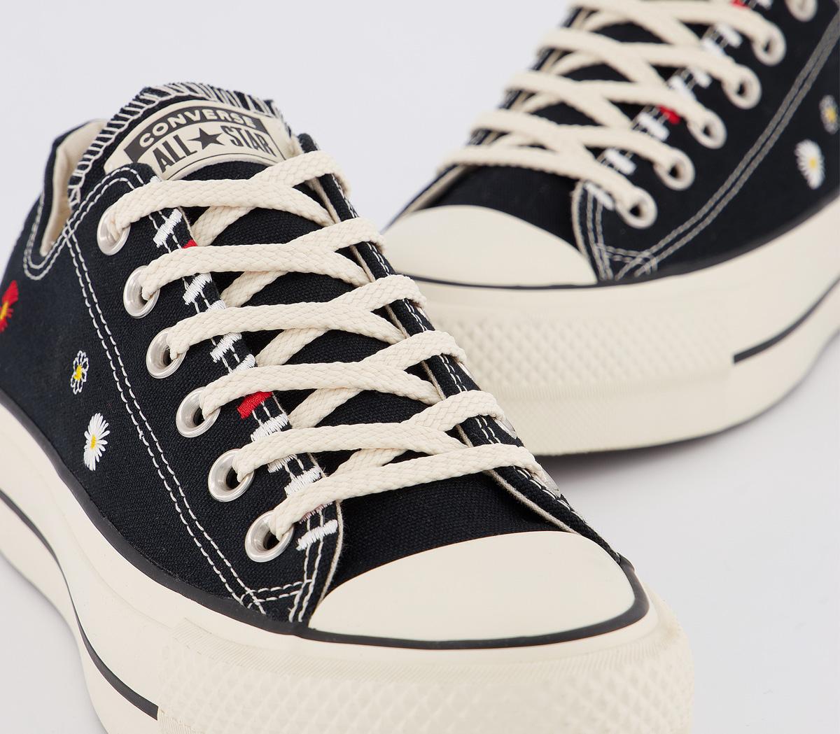 ConverseAll Star Low Platform TrainersBlack Natural Ivory Black Embroidered Flower