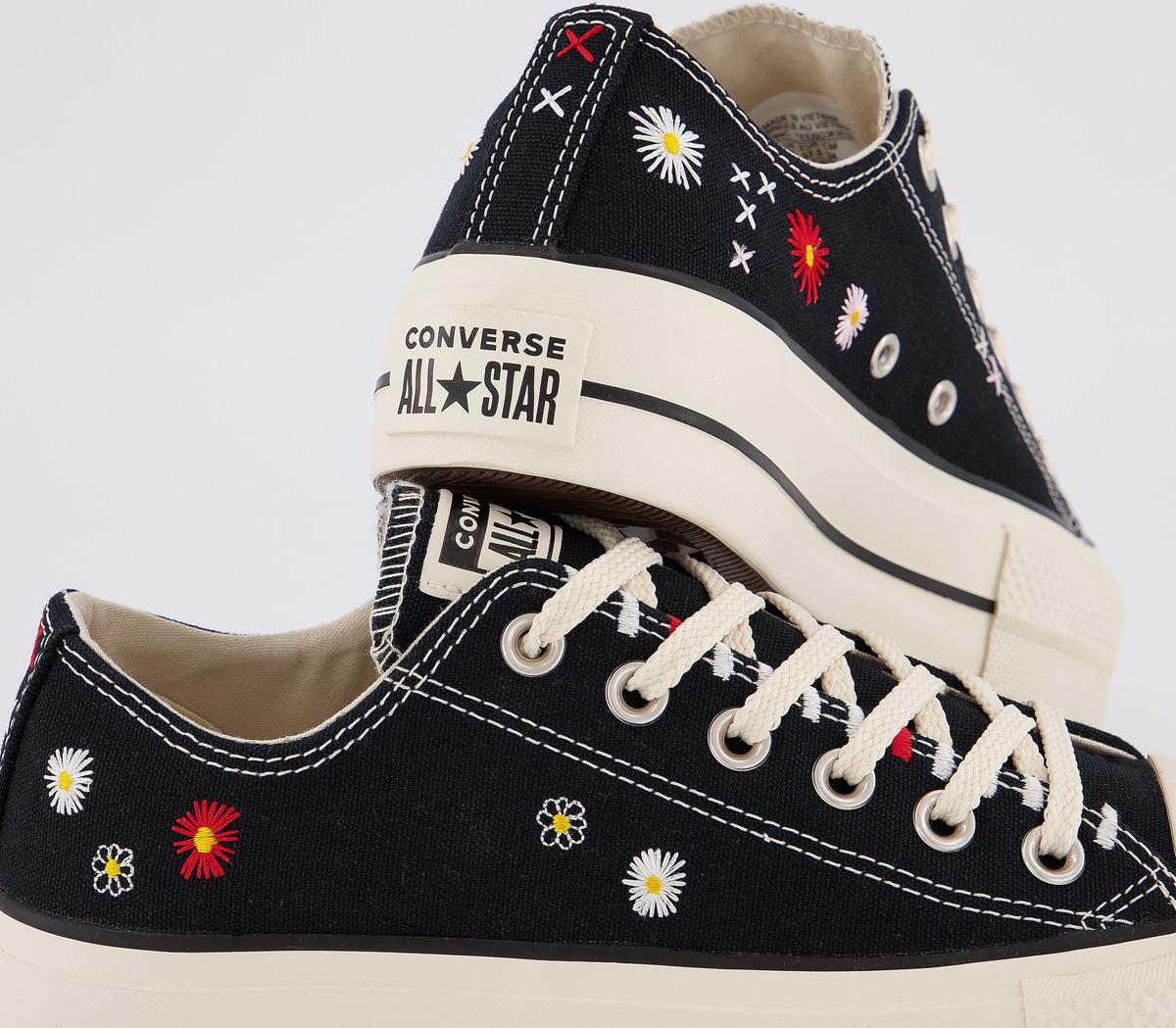 ConverseAll Star Low Platform TrainersBlack Natural Ivory Black Embroidered Flower