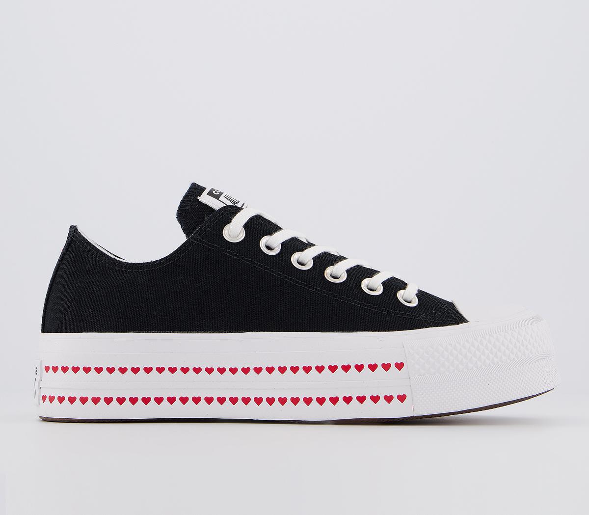 Converse All Star Low Platform Trainers Black University Red White Heart -  Women's Trainers