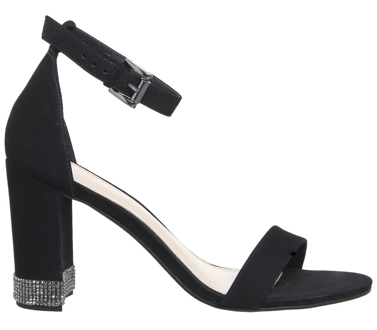 OFFICE Nina Block Heel Sandals Black Nubuck With Gunmetal Gem Trim ...