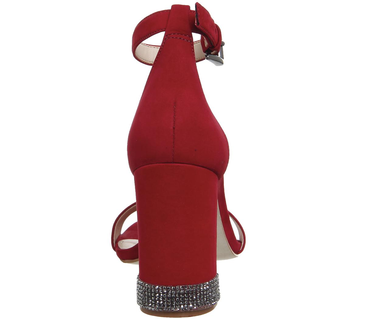 OFFICENina Block Heel SandalsRed Nubuck With Gunmetal Gem Trim