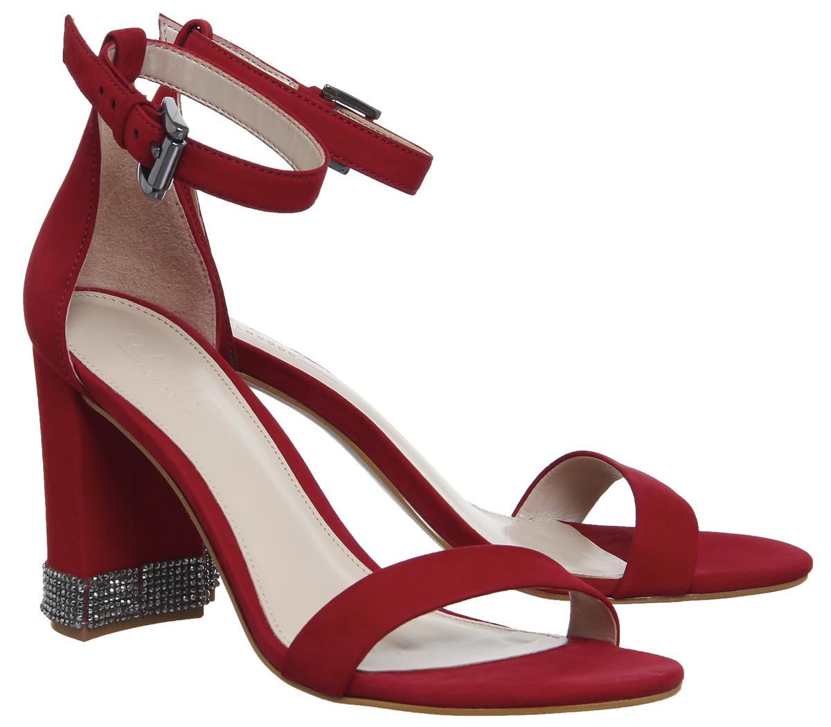 OFFICENina Block Heel SandalsRed Nubuck With Gunmetal Gem Trim