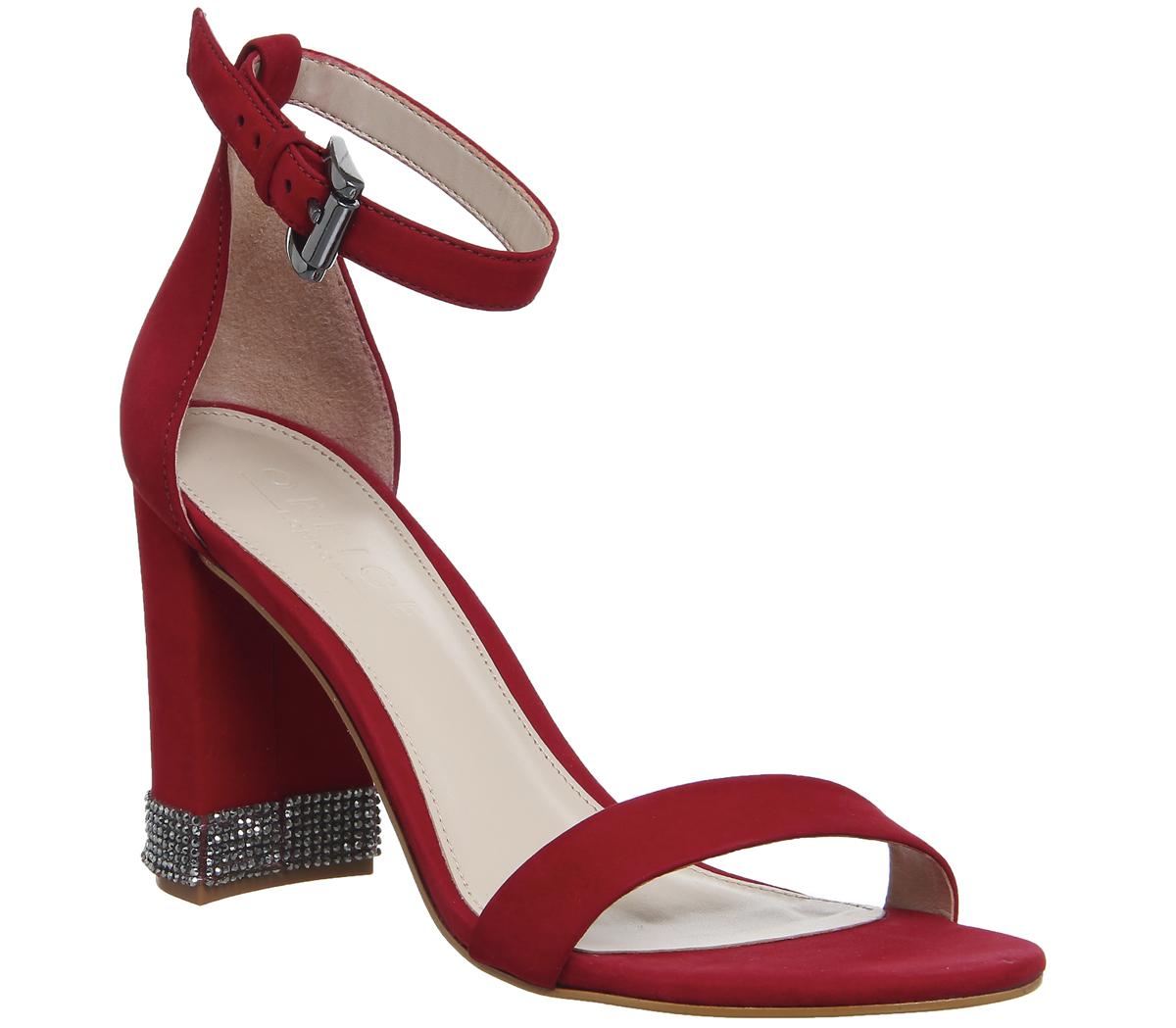 OFFICENina Block Heel SandalsRed Nubuck With Gunmetal Gem Trim