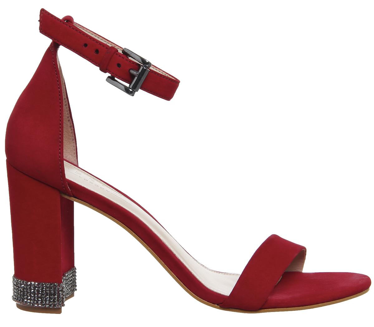 OFFICENina Block Heel SandalsRed Nubuck With Gunmetal Gem Trim