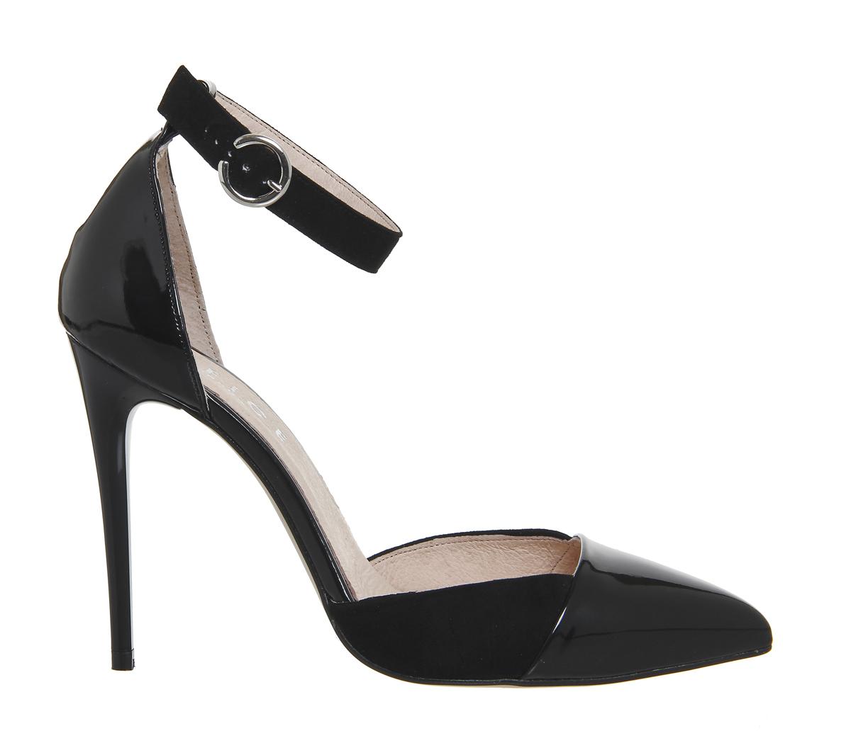 OFFICE Now 2 Part Courts Black Suede Patent Mix - High Heels