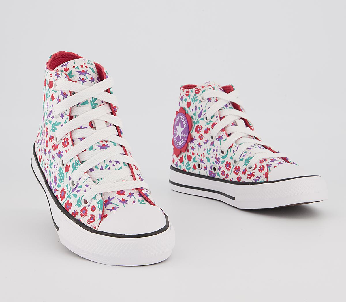 Converse All Star Hi Mid Sizes Trainers Converse All Star Hi Mid Sizes Trainers White Soft Red Pixel Purple Floral