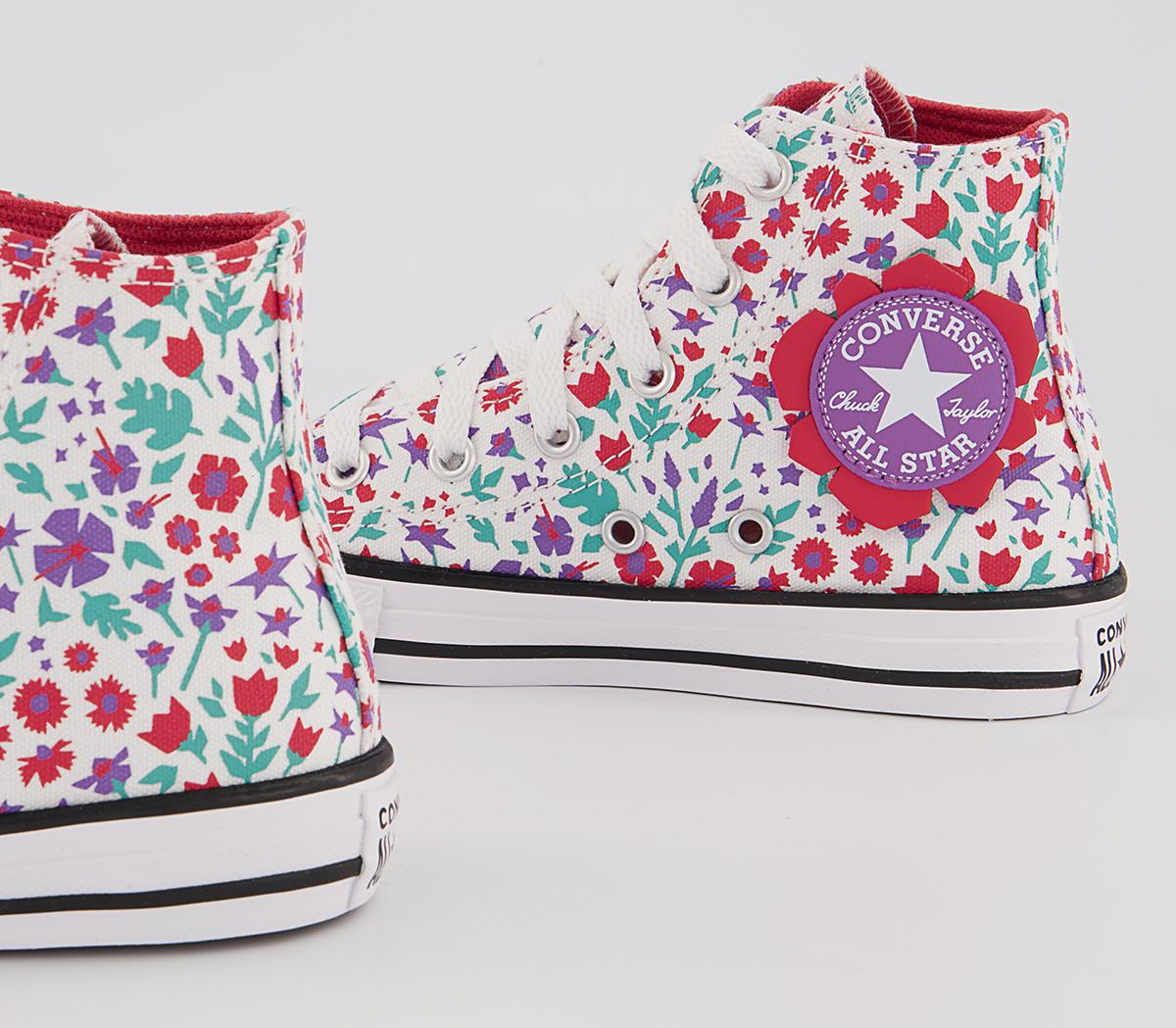 Converse All Star Hi Mid Sizes Trainers Converse All Star Hi Mid Sizes Trainers White Soft Red Pixel Purple Floral