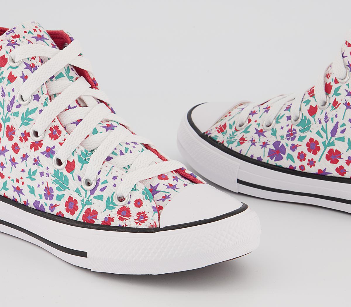 Converse All Star Hi Mid Sizes Trainers Converse All Star Hi Mid Sizes Trainers White Soft Red Pixel Purple Floral