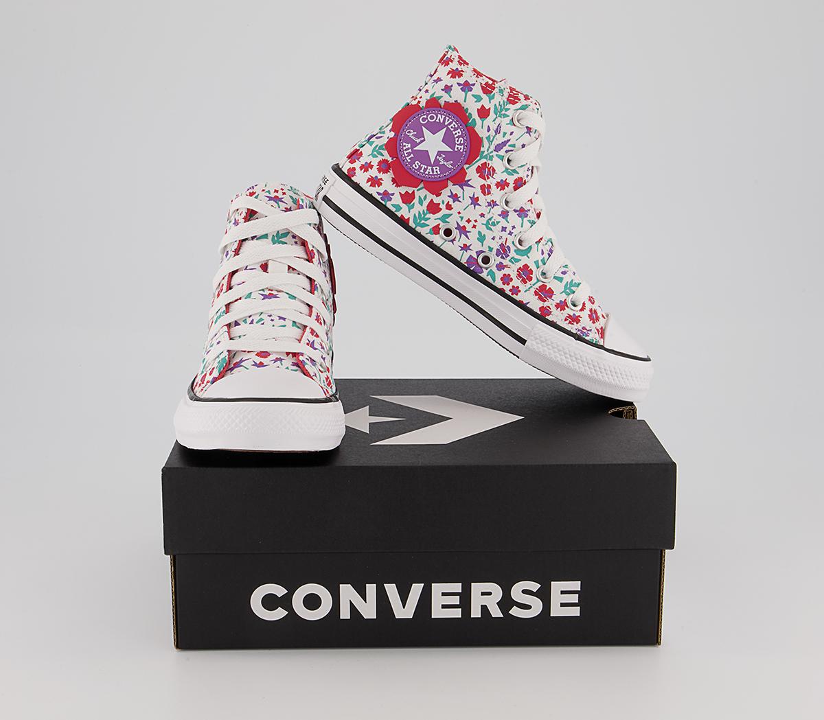 Converse All Star Hi Mid Sizes Trainers Converse All Star Hi Mid Sizes Trainers White Soft Red Pixel Purple Floral