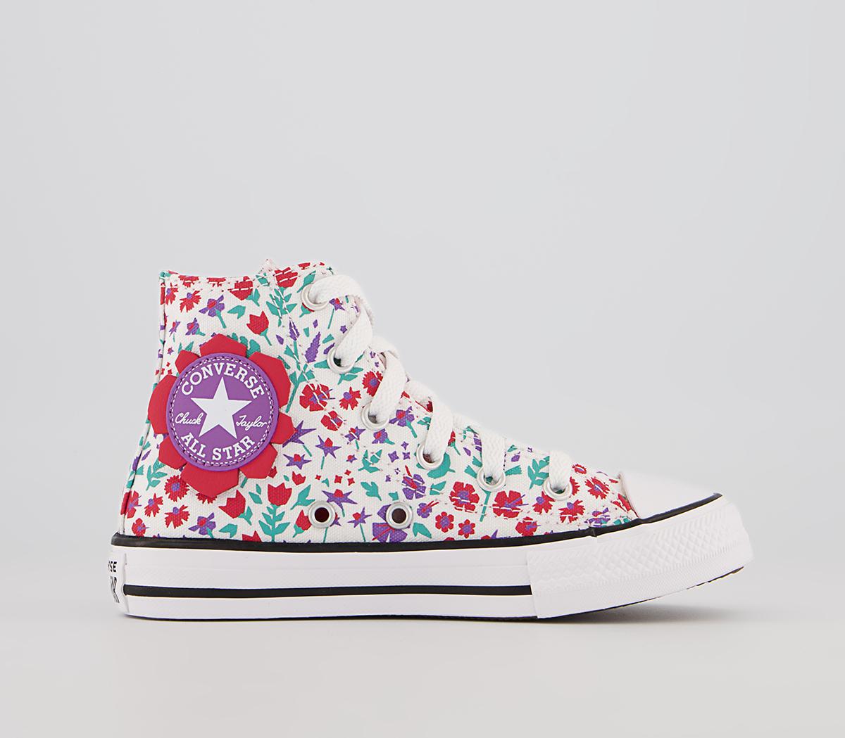 Converse All Star Hi Mid Sizes Trainers Converse All Star Hi Mid Sizes Trainers White Soft Red Pixel Purple Floral