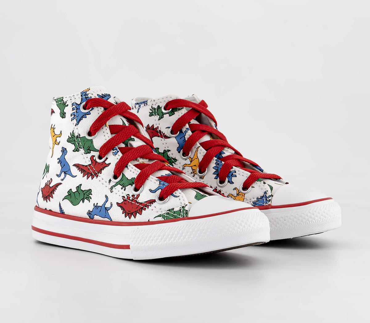 Converse Kids All Star Hi Mid Sizes Trainers White Enamel Red Totally Blue Dino, 2