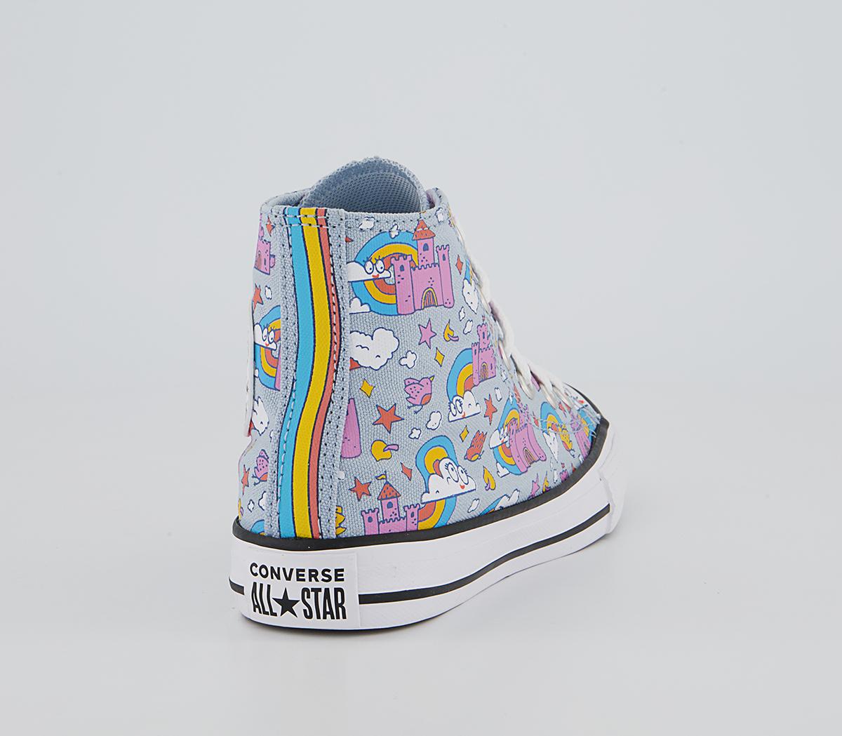Converse All Star Hi Mid Sizes Trainers Converse All Star Hi Mid Sizes Trainers Lt Armory Blue Pink Rainbow Castles