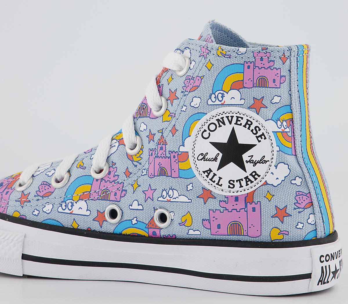 Converse All Star Hi Mid Sizes Trainers Converse All Star Hi Mid Sizes Trainers Lt Armory Blue Pink Rainbow Castles