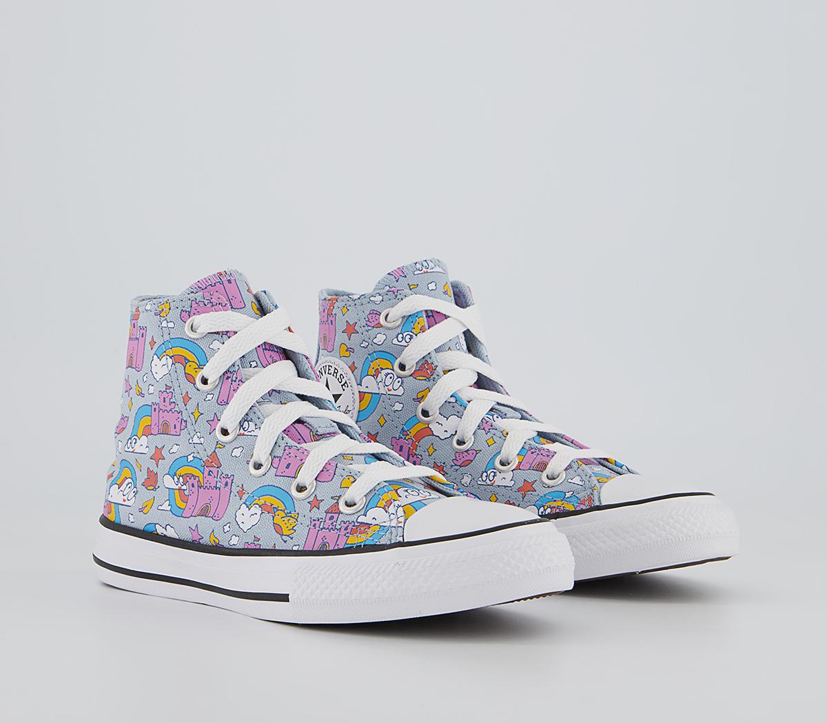 Converse All Star Hi Mid Sizes Trainers Converse All Star Hi Mid Sizes Trainers Lt Armory Blue Pink Rainbow Castles