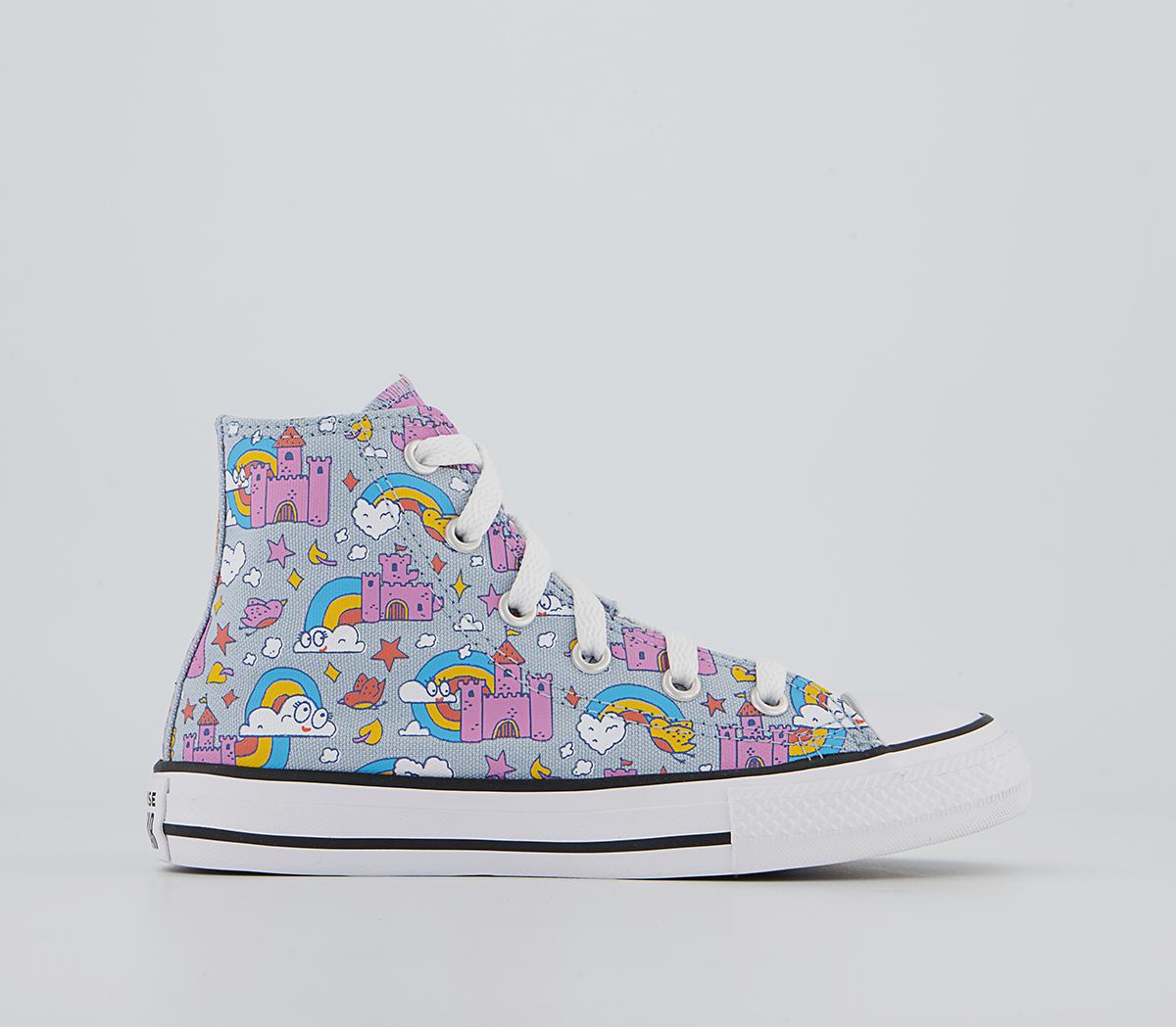 Converse All Star Hi Mid Sizes Trainers Converse All Star Hi Mid Sizes Trainers Lt Armory Blue Pink Rainbow Castles