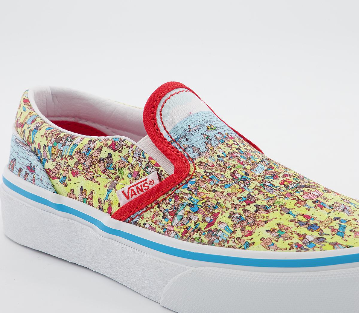 Vans Classic Slip On Kids Trainers Vans Classic Slip On Kids Trainers Wheres Waldo Find Steve Beach