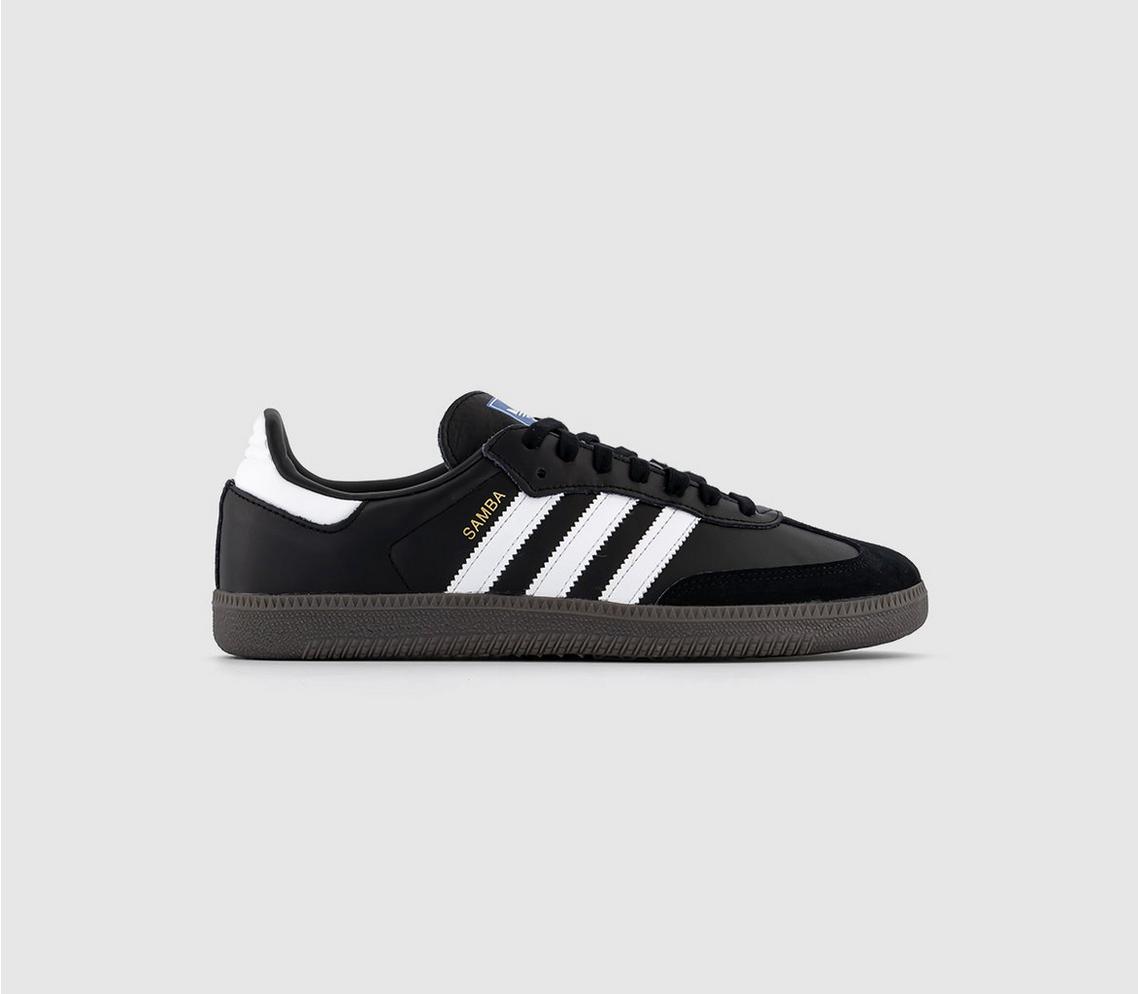 A pitch necessity to a streetwear essential, the Adidas Samba is the icon of the moment. Keeping true to its football heritage with a textured rubber sole. The classic Samba look with gold foil embossing, gritty suede t-toe design and upper of full grain leather. This pair comes in black with white stripes. 