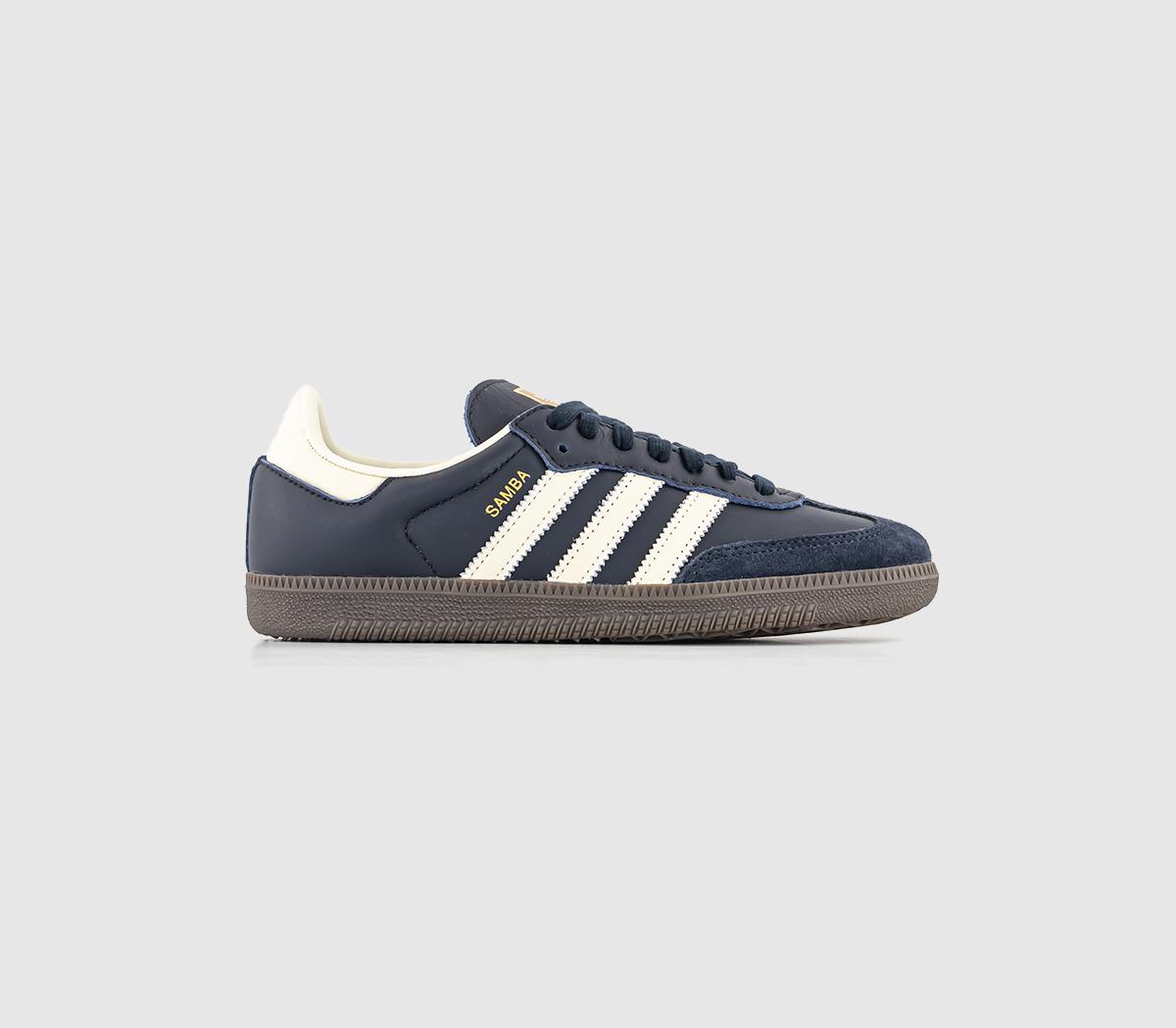 Adidas originals samba og trainers in white and clearance navy