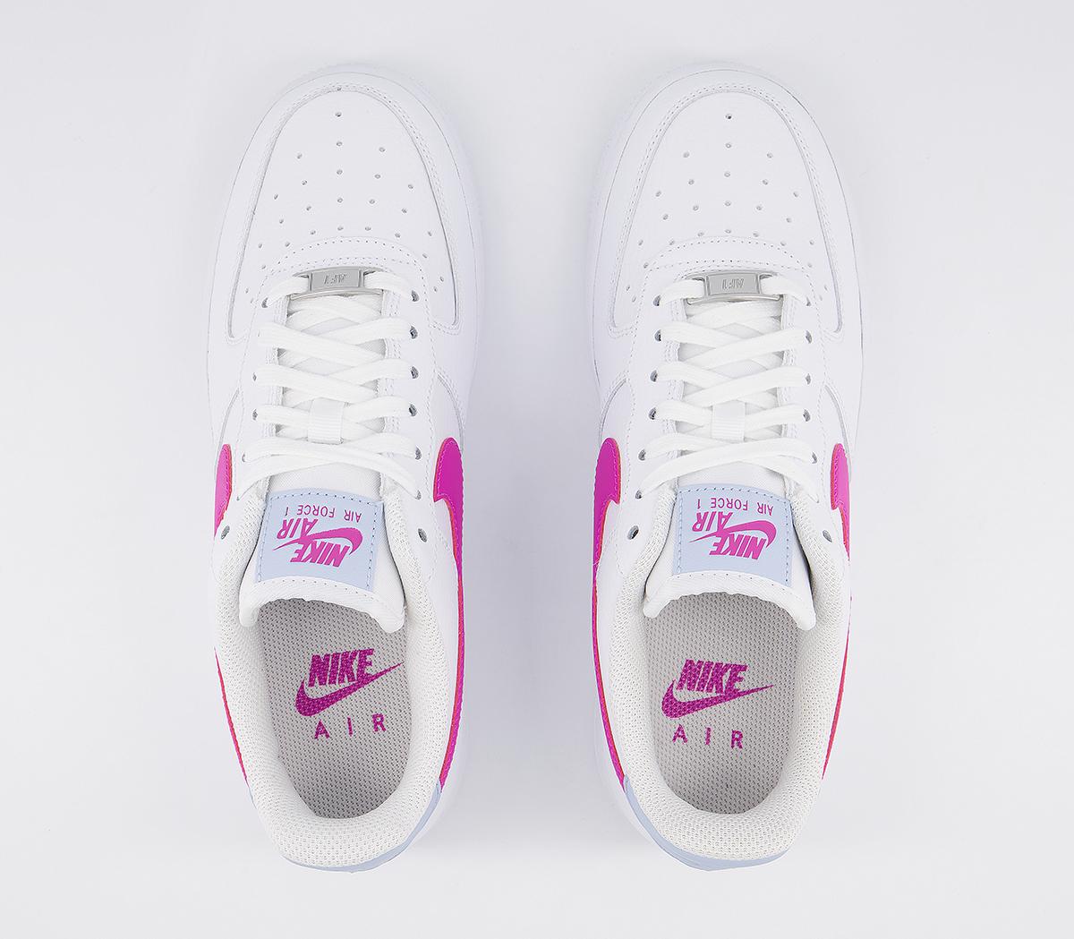 white air forces with pink and blue nike sign