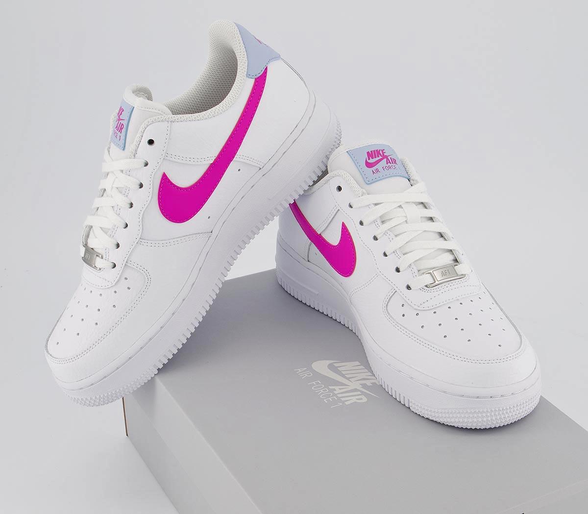 white air forces with pink and blue nike sign
