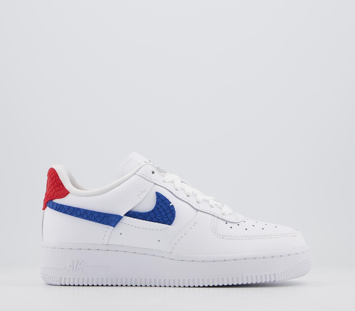 white air forces with red and blue nike sign