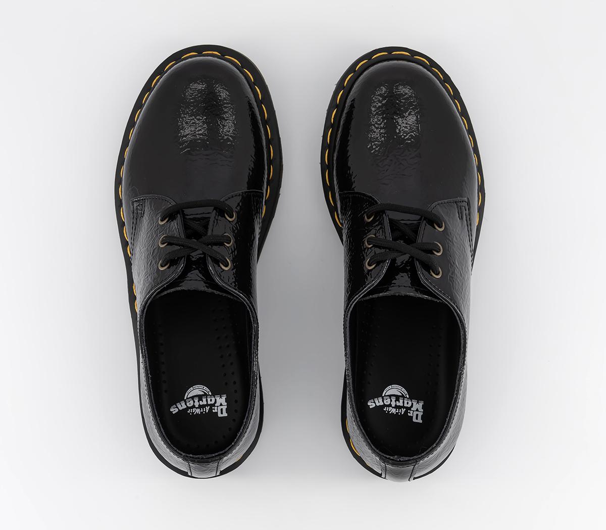 Dr. Martens 3 Eyelet Shoes Black Distressed Patent Flat Shoes for Women