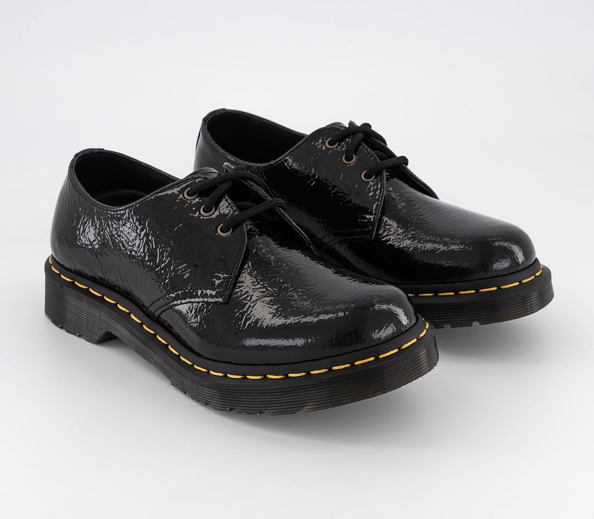 Dr. Martens 3 Eyelet Shoes Black Distressed Patent Flat Shoes for Women