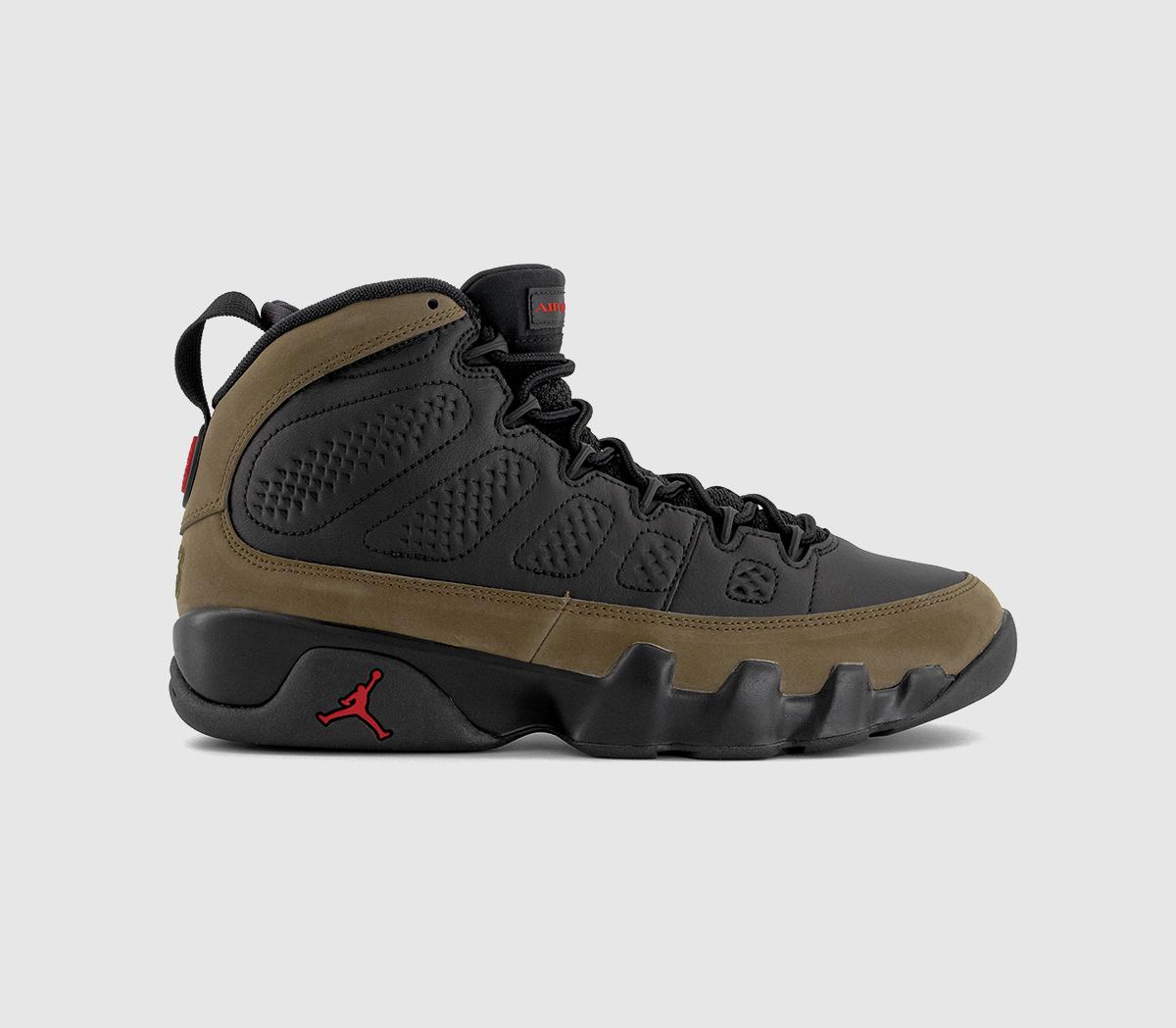 Jordan Air Jordan 9 Trainers Black True Red Light Olive Men s Trainers