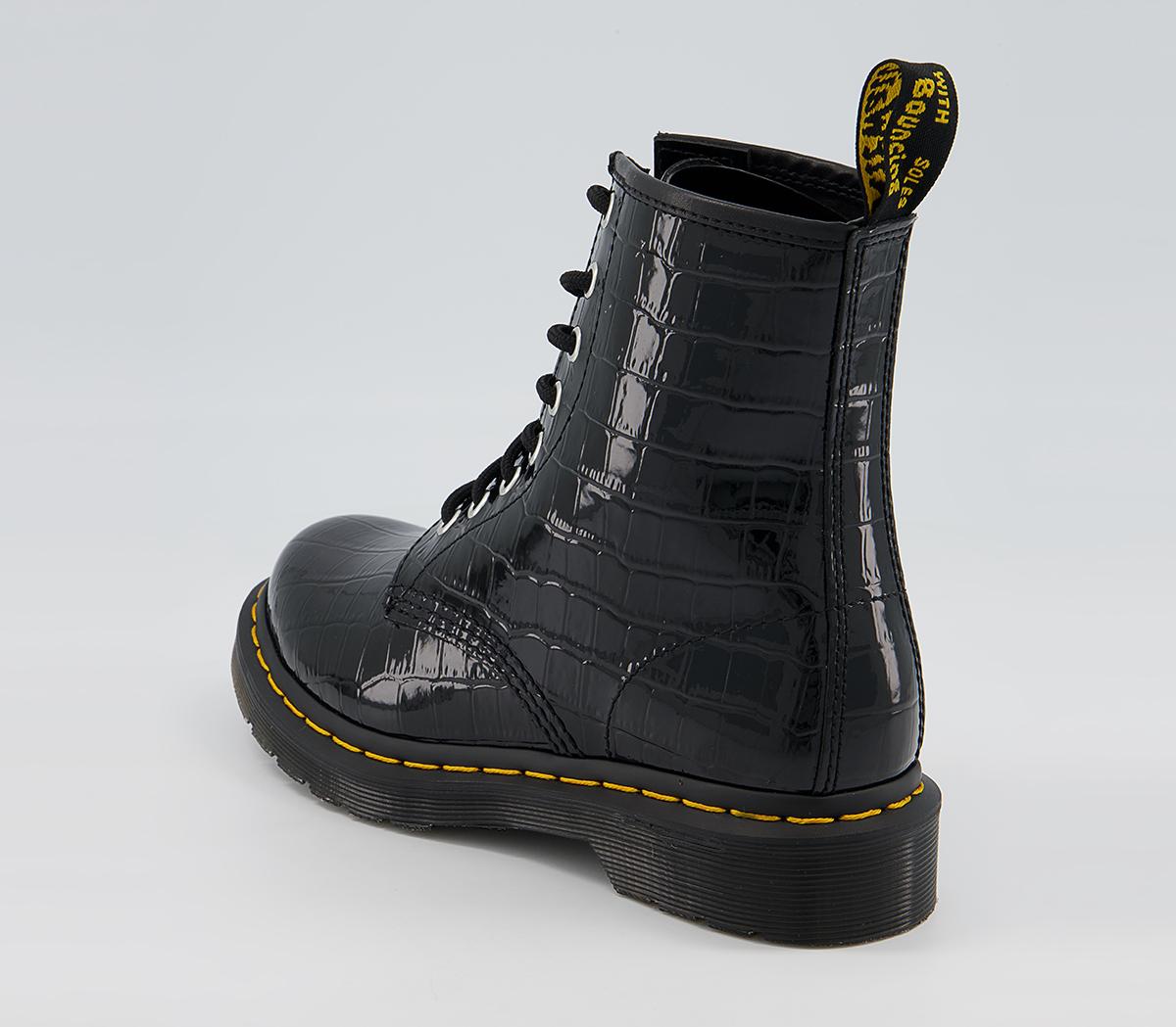 Dr. Martens 8 Eyelet Lace Up Boots Black Patent Lamper Croc Emboos