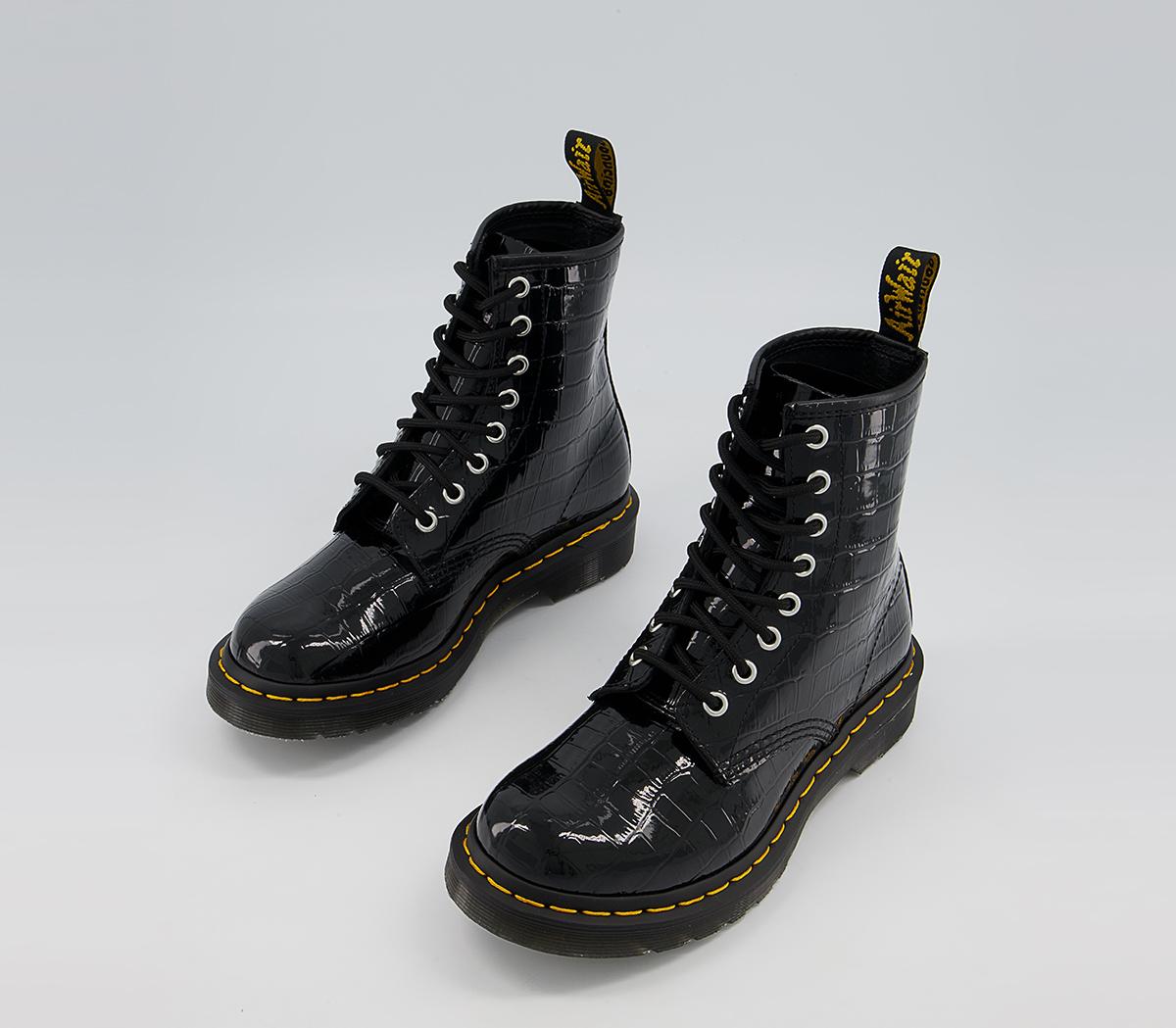 Dr. Martens 8 Eyelet Lace Up Boots Black Patent Lamper Croc Emboos