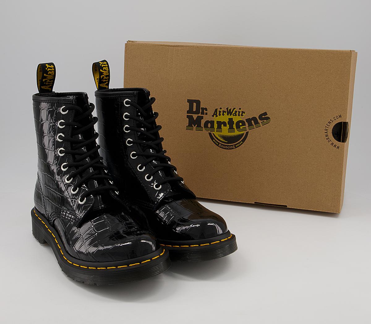 Dr. Martens 8 Eyelet Lace Up Boots Black Patent Lamper Croc Emboos ...