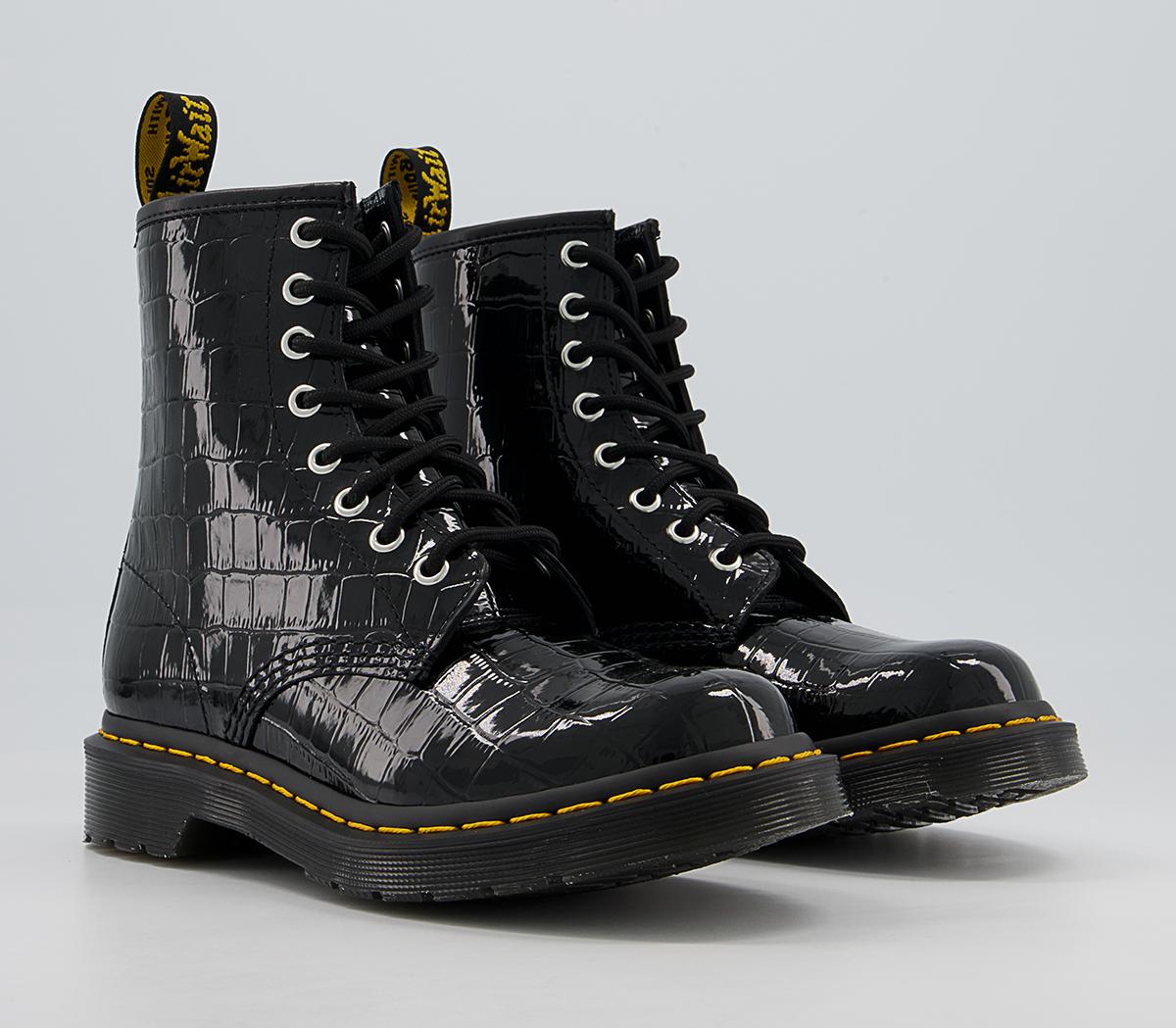 Dr. Martens 8 Eyelet Lace Up Boots Black Patent Lamper Croc Emboos ...