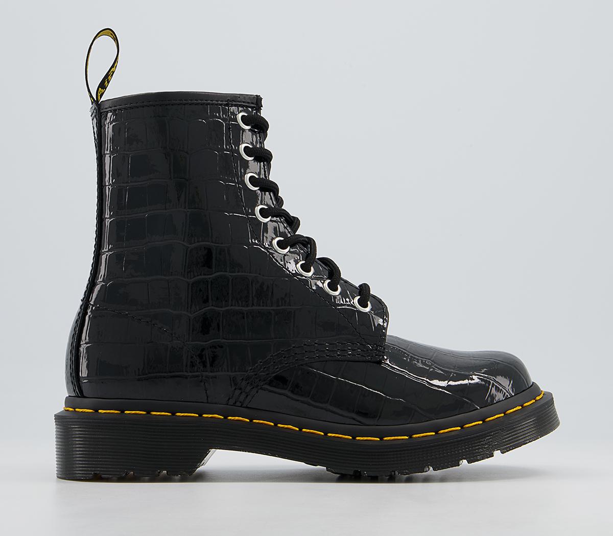 Dr. Martens 8 Eyelet Lace Up Boots Black Patent Lamper Croc Emboos ...