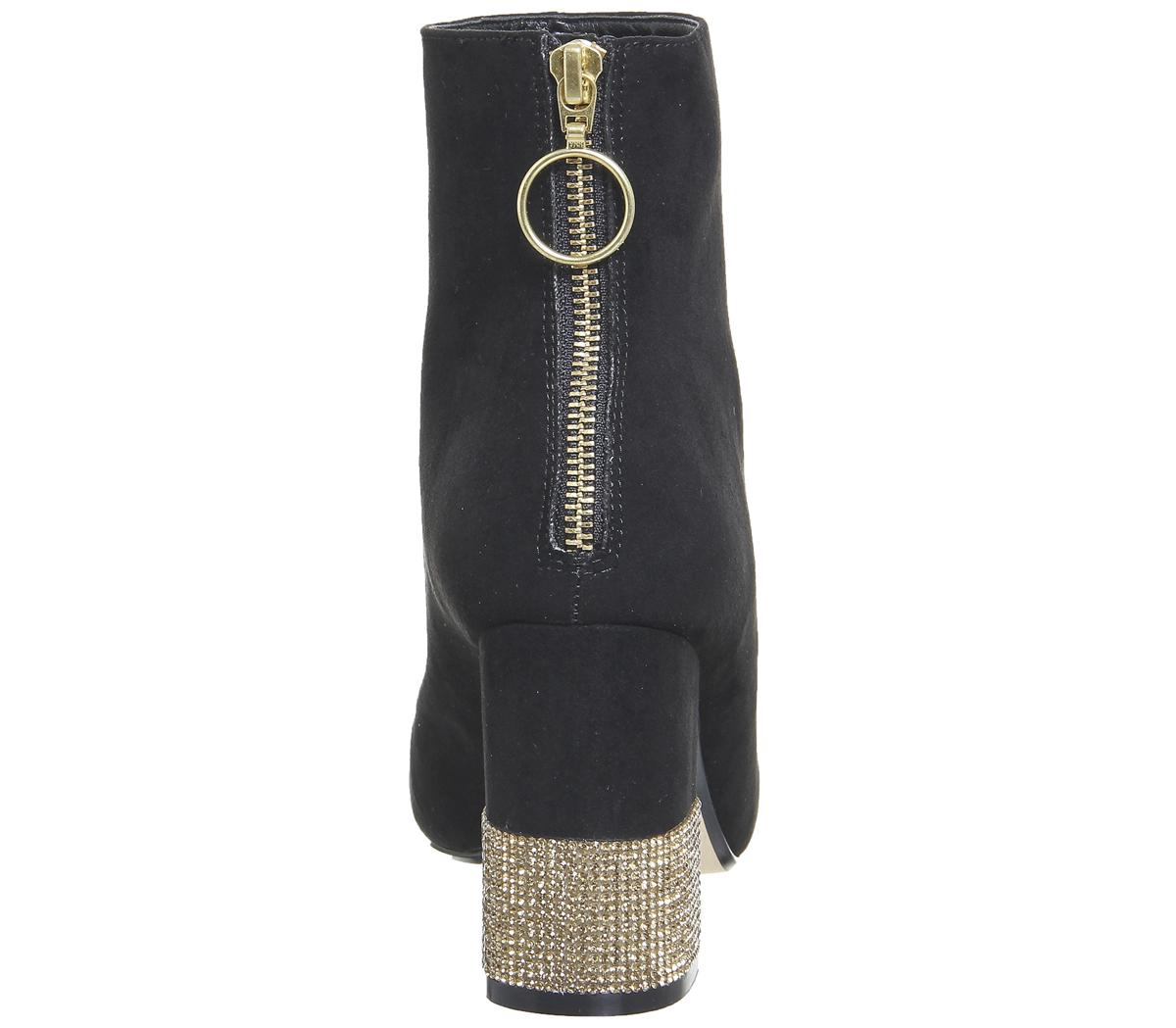 OFFICEAlaska Block Heel Ankle BootBlack With Gold Diamante Heel