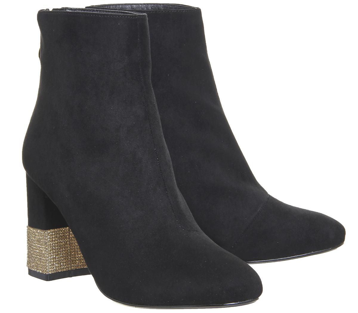 OFFICEAlaska Block Heel Ankle BootBlack With Gold Diamante Heel